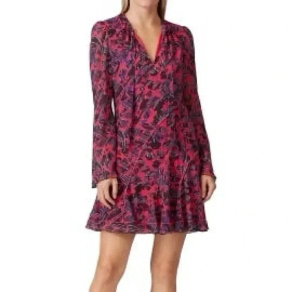 Derek Lam 10 Crosby Catia Floral Dress Pink Black Blue Long Sleeve Ruffle Sz 4 - Picture 1 of 13